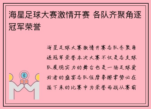 海星足球大赛激情开赛 各队齐聚角逐冠军荣誉