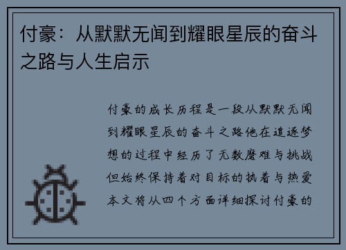 付豪：从默默无闻到耀眼星辰的奋斗之路与人生启示